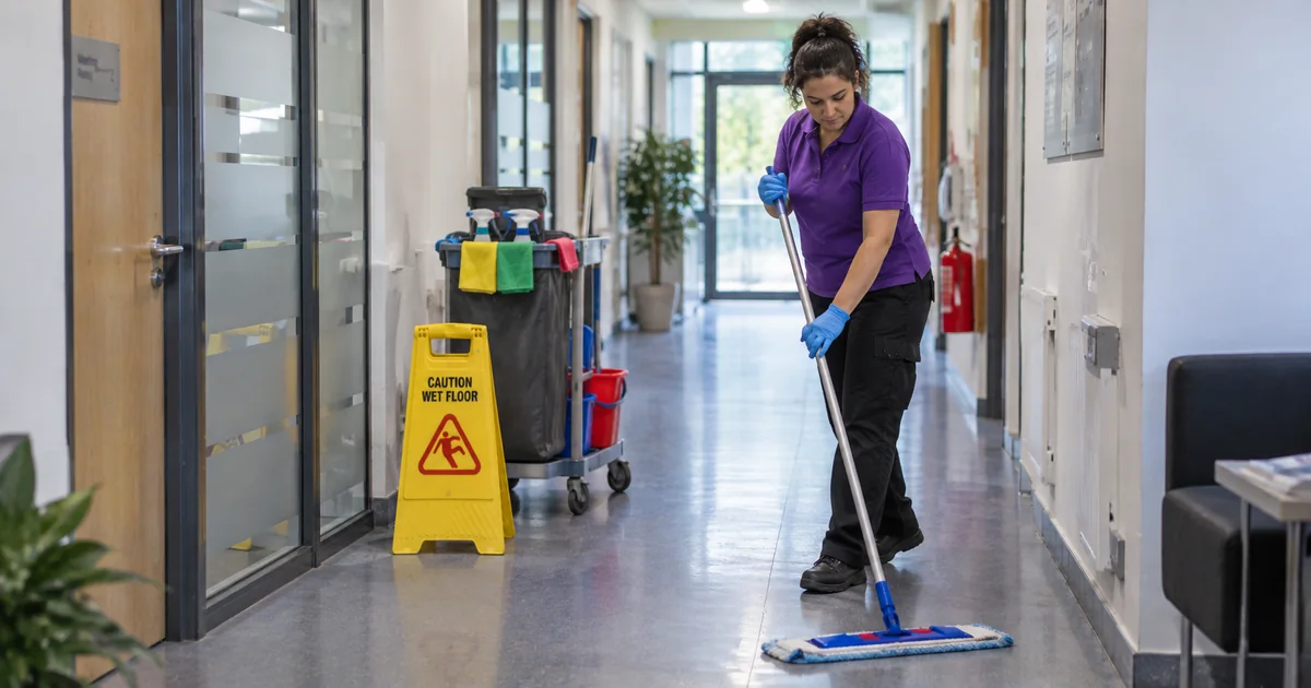 Professional cleaner colour coded mopping office corridor - Illustrative Image
